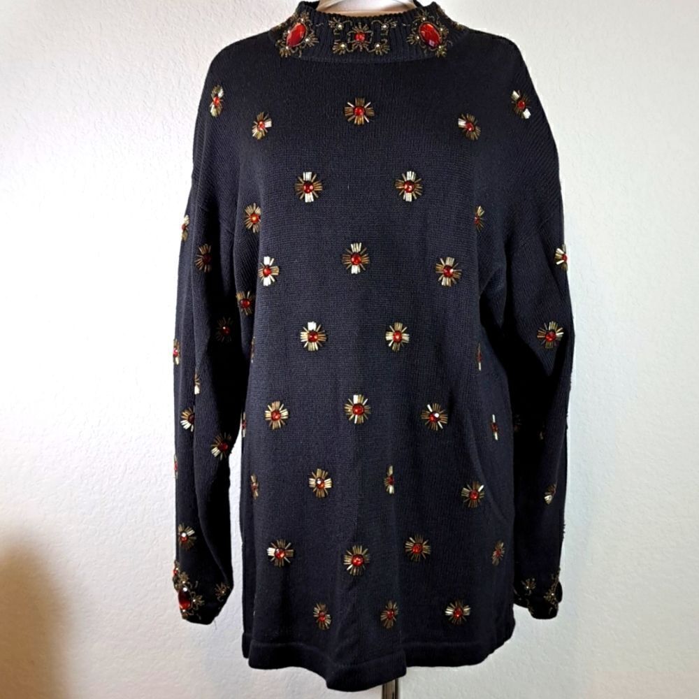 Victoria Harbour Sweater Women’s Vintage Black Bejeweled Beaded 1980’s Large